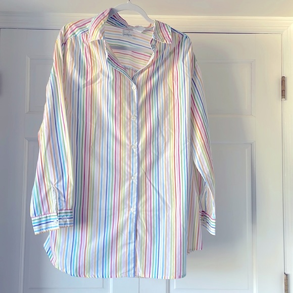 Rainbow stripe button up shirt, women’s size large - Picture 1 of 4